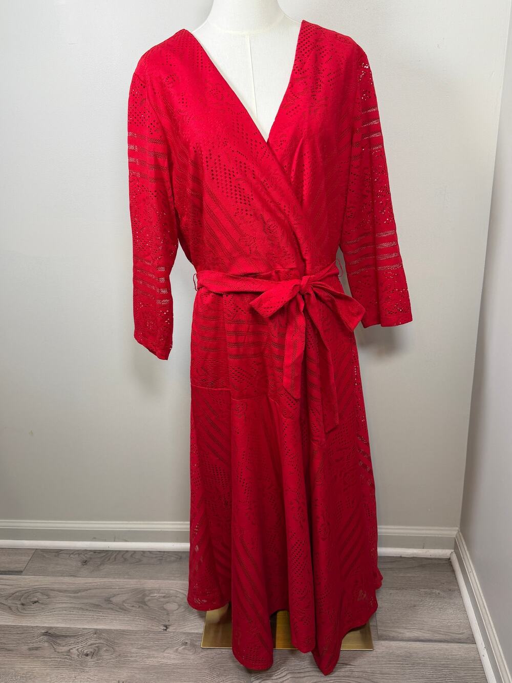 NWT Danny & Nicole Red Floral Lace Midi Fit + Flare Dress 3/4 Sleeve Size 16